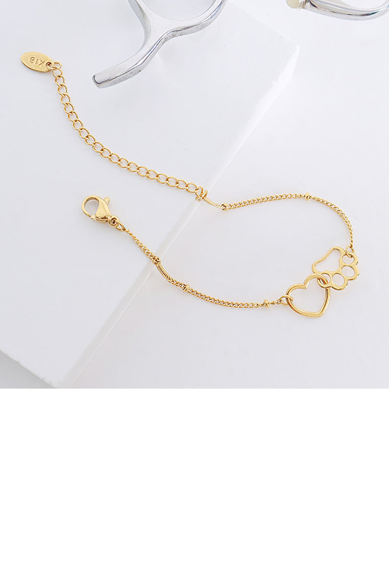 Simple and Cute Plated Gold 316L Stainless Steel Puppy Footprint Heart Bracelet