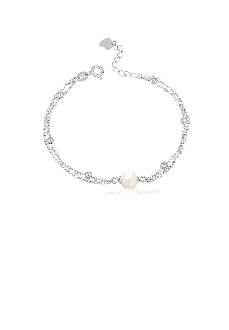 925 Sterling Silver Simple and Fashion Geometric White Freshwater Pearl Double-layer Bracelet - Luxurious Look