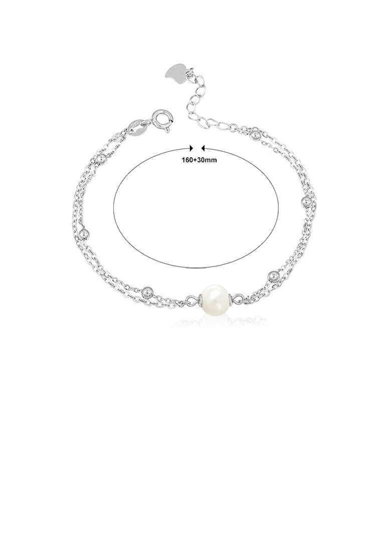 925 Sterling Silver Simple and Fashion Geometric White Freshwater Pearl Double-layer Bracelet - Luxurious Look
