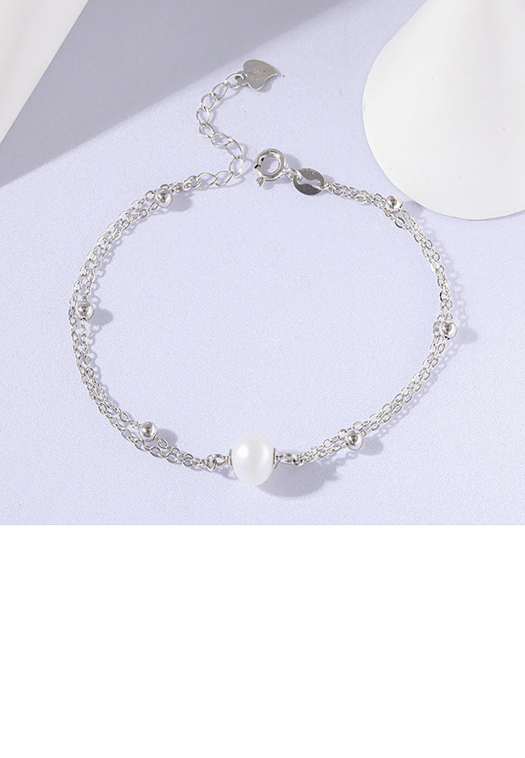 925 Sterling Silver Simple and Fashion Geometric White Freshwater Pearl Double-layer Bracelet - Luxurious Look