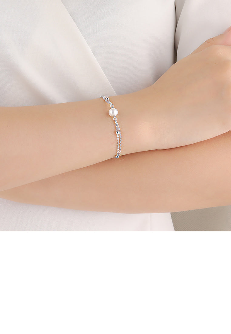 925 Sterling Silver Simple and Fashion Geometric White Freshwater Pearl Double-layer Bracelet - Luxurious Look