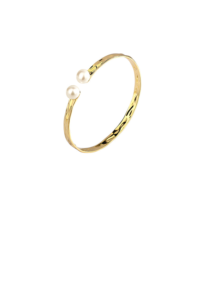 925 Sterling Silver Plated Gold Fashion Simple Pattern Geometric Freshwater Pearl Open Bangle - Luxurious Look