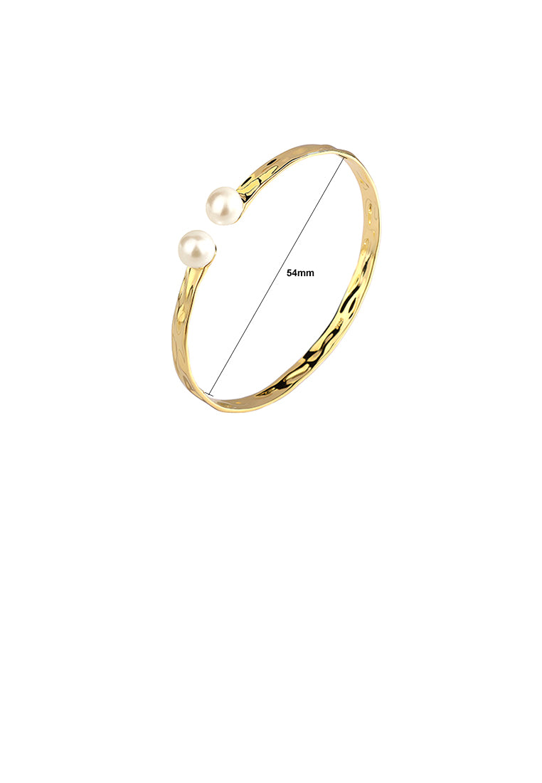 925 Sterling Silver Plated Gold Fashion Simple Pattern Geometric Freshwater Pearl Open Bangle - Luxurious Look