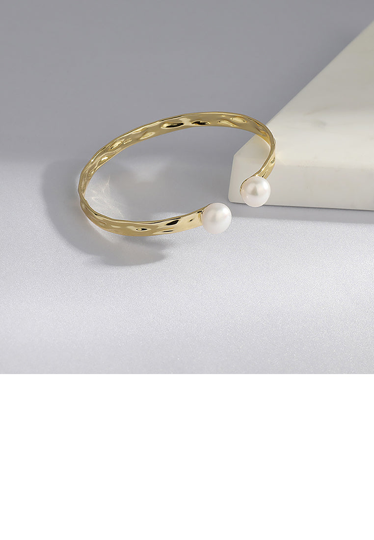 925 Sterling Silver Plated Gold Fashion Simple Pattern Geometric Freshwater Pearl Open Bangle - Luxurious Look