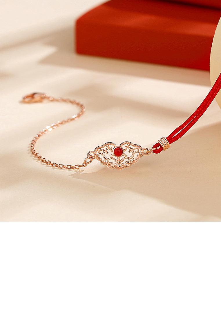 925 Sterling Silver Plated Rose Gold Fashion Vintage Hollow Pattern Ruyi Lock Bracelet