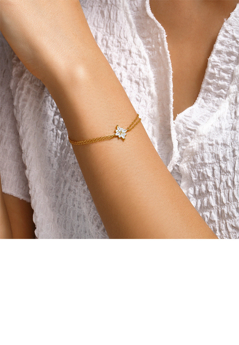 925 Sterling Silver Plated Gold Simple Bright Star Double Layer Bracelet with Cubic Zirconia - Luxurious Look
