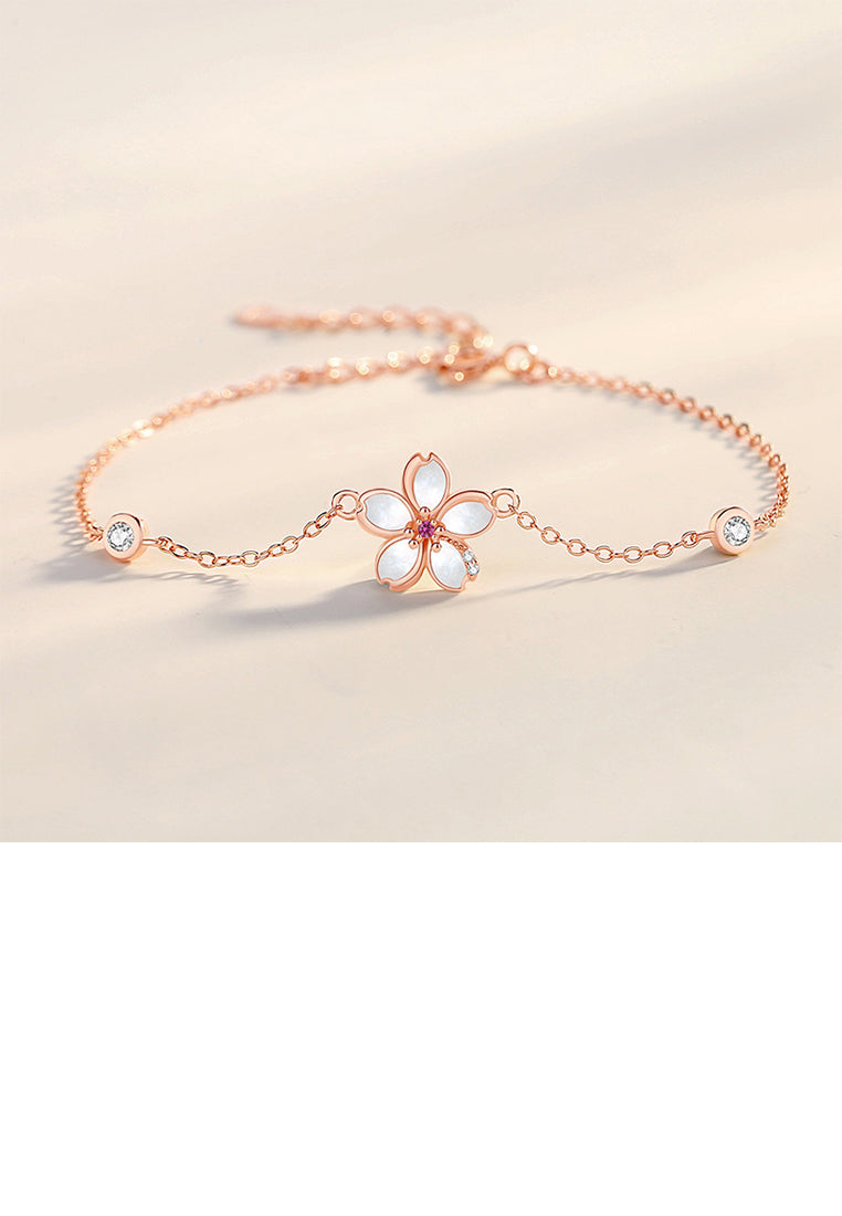 925 Sterling Silver Plated Rose Gold Fashion Temperament Cherry Blossom Mother-of-pearl Bracelet with Cubic Zirconia - Luxurious Look