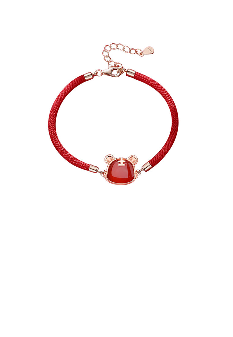 925 Sterling Silver Plated Rose Gold Simple Vintage Twelve Zodiac Tiger Imitation Agate Bracelet