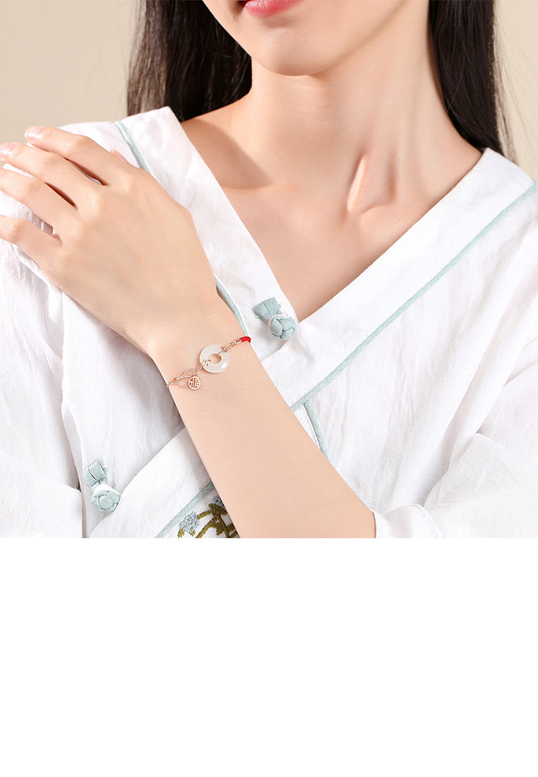 925 Sterling Silver Plated Rose Gold Simple and Elegant Circle Bracelet with Blessing and Peace Buckle