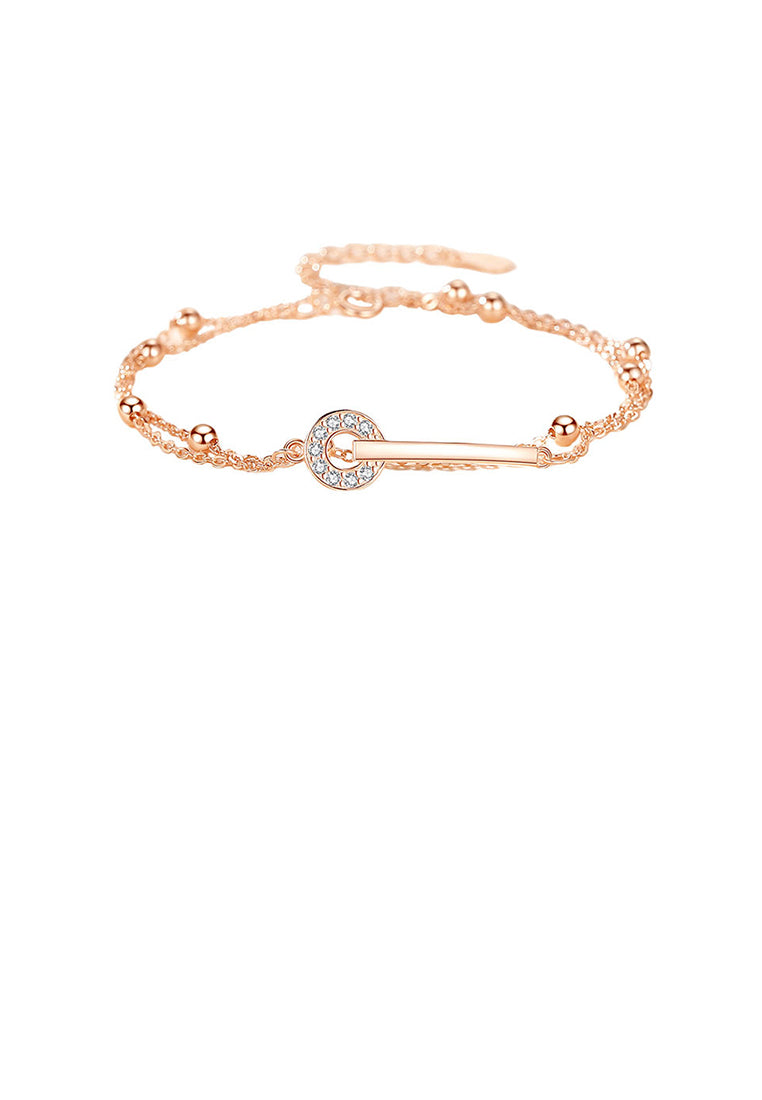 925 Sterling Silver Plated Rose Gold Simple and Fashion Line Circle Geometric Double Layer Bracelet with Cubic Zirconia - Luxurious Look