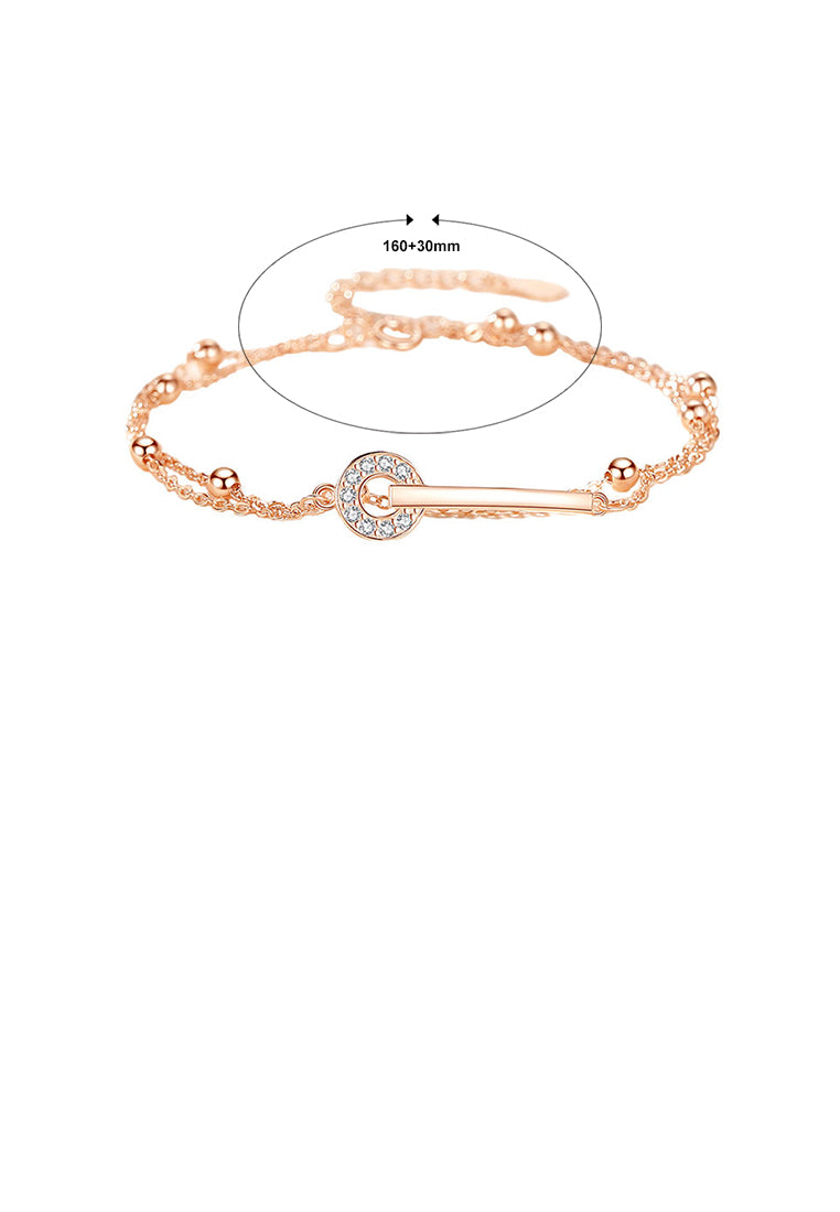 925 Sterling Silver Plated Rose Gold Simple and Fashion Line Circle Geometric Double Layer Bracelet with Cubic Zirconia - Luxurious Look