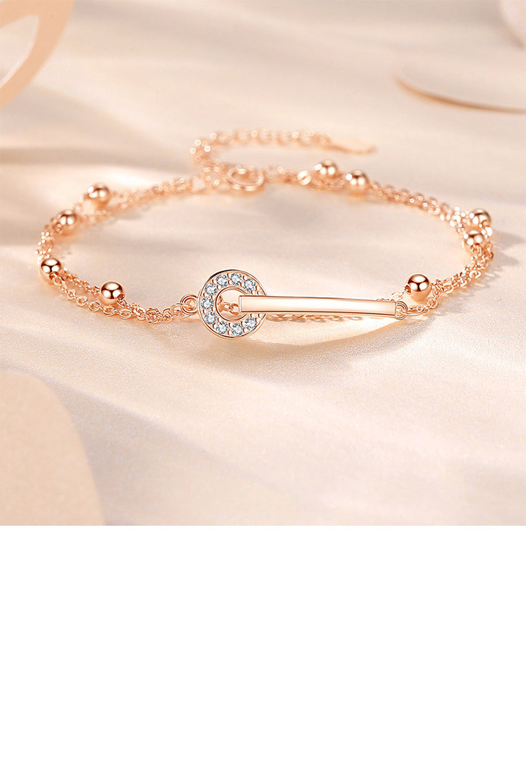 925 Sterling Silver Plated Rose Gold Simple and Fashion Line Circle Geometric Double Layer Bracelet with Cubic Zirconia - Luxurious Look