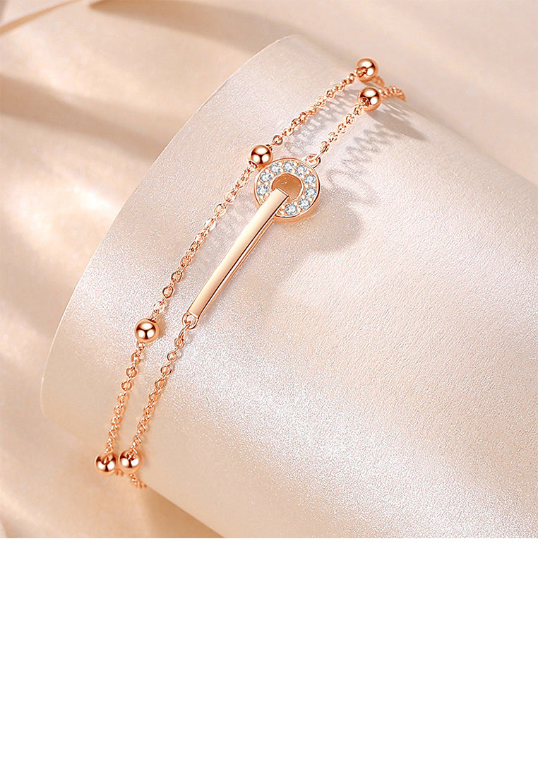 925 Sterling Silver Plated Rose Gold Simple and Fashion Line Circle Geometric Double Layer Bracelet with Cubic Zirconia - Luxurious Look