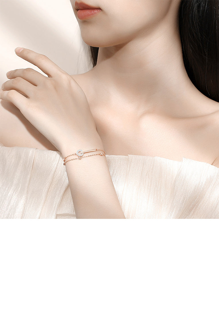 925 Sterling Silver Plated Rose Gold Simple and Fashion Line Circle Geometric Double Layer Bracelet with Cubic Zirconia - Luxurious Look