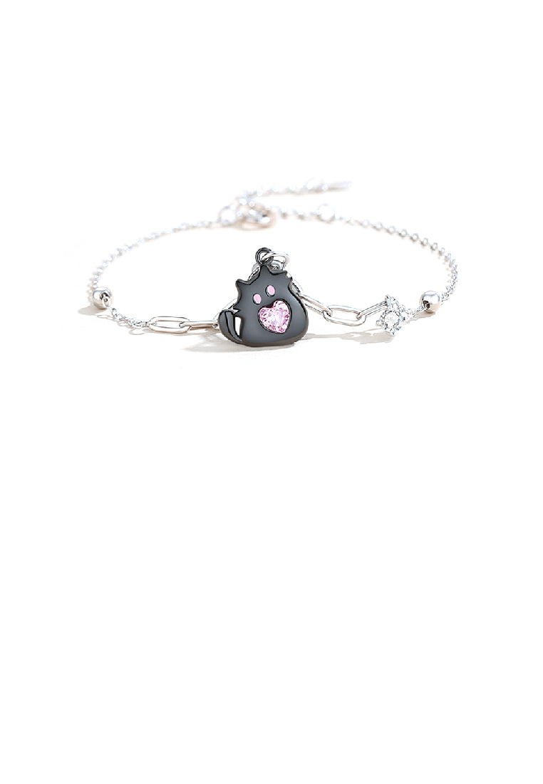 925 Sterling Silver Simple and Cute Black Cat Bracelet with Pink Cubic Zirconia - Luxurious Look - Vibrant Color