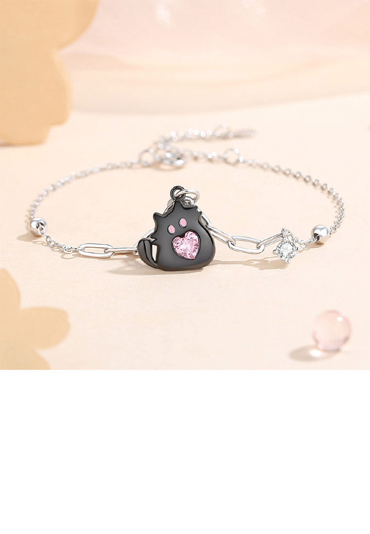 925 Sterling Silver Simple and Cute Black Cat Bracelet with Pink Cubic Zirconia - Luxurious Look - Vibrant Color