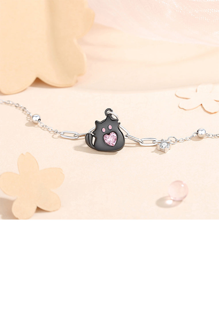 925 Sterling Silver Simple and Cute Black Cat Bracelet with Pink Cubic Zirconia - Luxurious Look - Vibrant Color