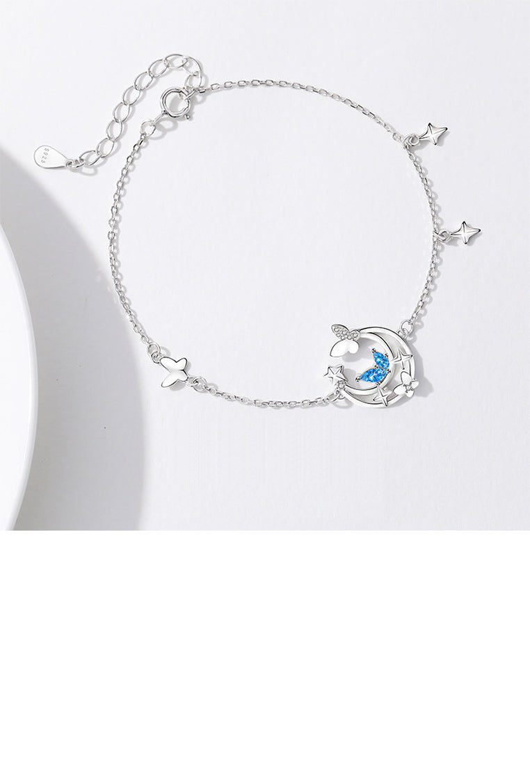 925 Sterling Silver Fashion Temperament Butterfly Moon Bracelet with Blue Cubic Zirconia - Luxurious Look