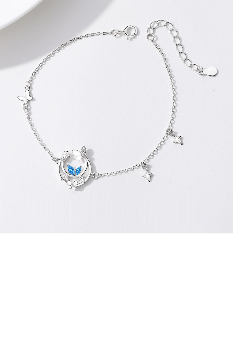 925 Sterling Silver Fashion Temperament Butterfly Moon Bracelet with Blue Cubic Zirconia - Luxurious Look