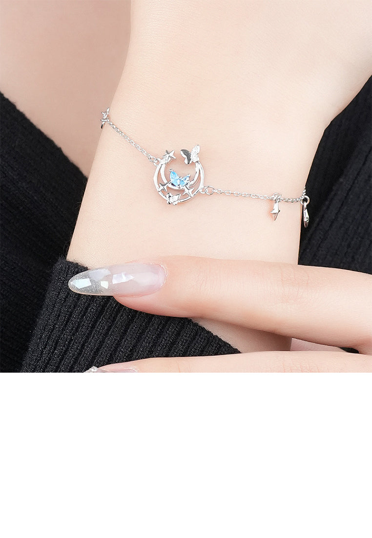 925 Sterling Silver Fashion Temperament Butterfly Moon Bracelet with Blue Cubic Zirconia - Luxurious Look