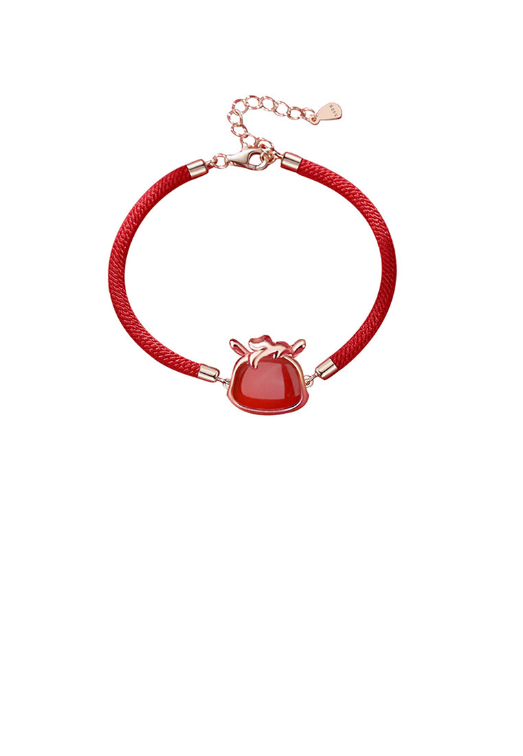 925 Sterling Silver Plated Rose Gold Simple Vintage Twelve Zodiac Horse Imitation Agate Bracelet