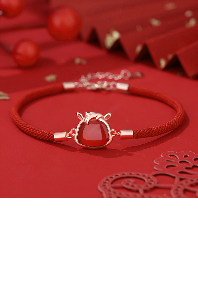 925 Sterling Silver Plated Rose Gold Simple Vintage Twelve Zodiac Horse Imitation Agate Bracelet