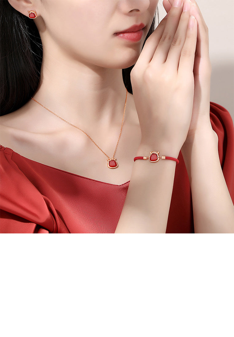 925 Sterling Silver Plated Rose Gold Simple Vintage Twelve Zodiac Horse Imitation Agate Bracelet