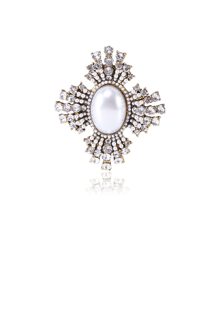 Elegant Vintage Plated Gold Geometric Pattern Imitation Pearl Brooch with Cubic Zirconia - Luxurious Look