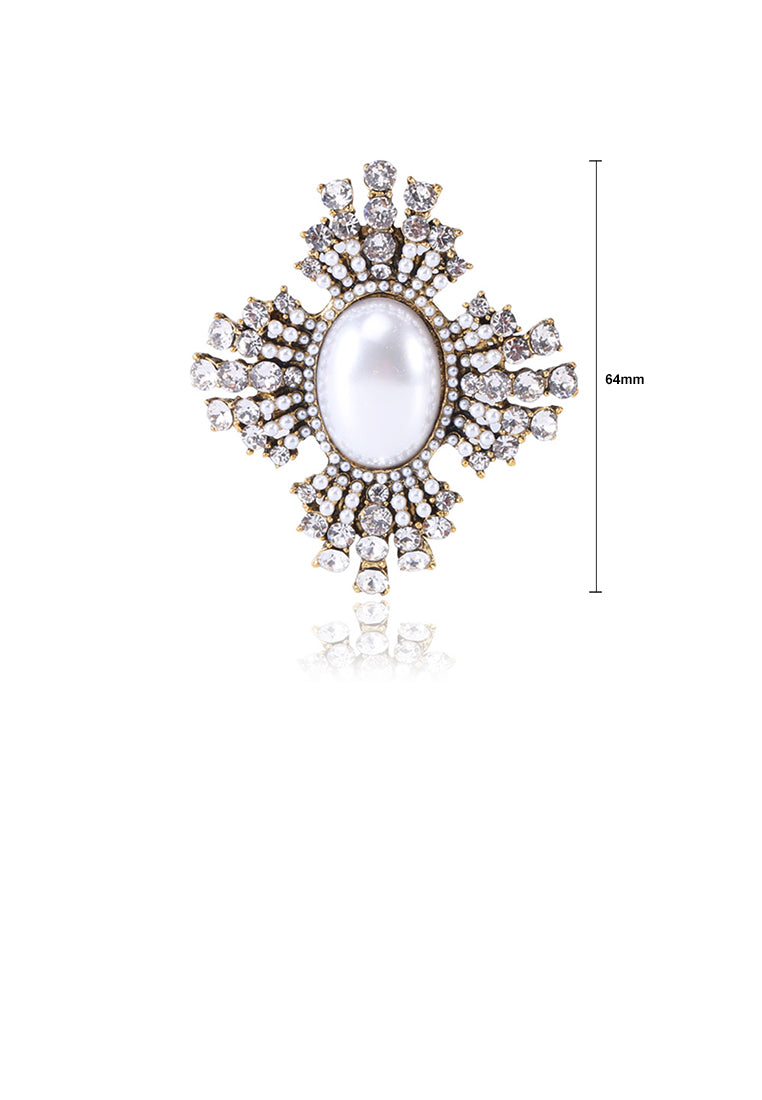 Elegant Vintage Plated Gold Geometric Pattern Imitation Pearl Brooch with Cubic Zirconia - Luxurious Look