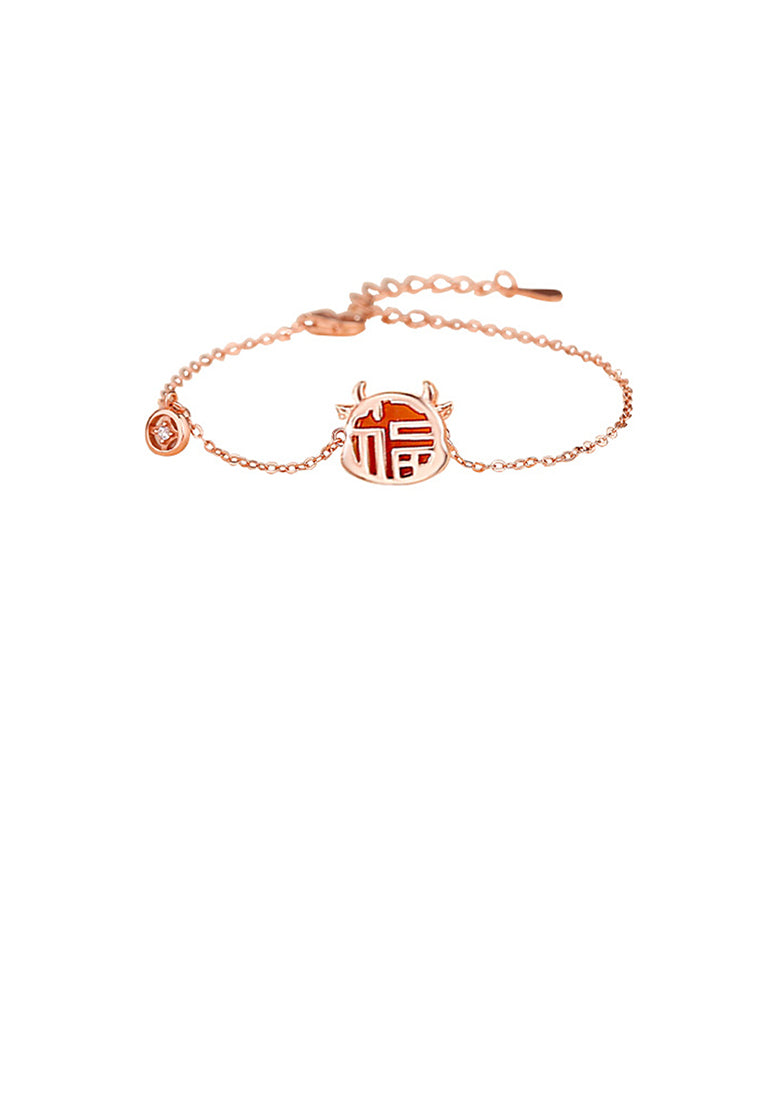 925 Sterling Silver Plated Rose Gold Fashion Vintage Zodiac Ox Imitation Agate Copper Coin Bracelet with Cubic Zirconia - Luxurious Look