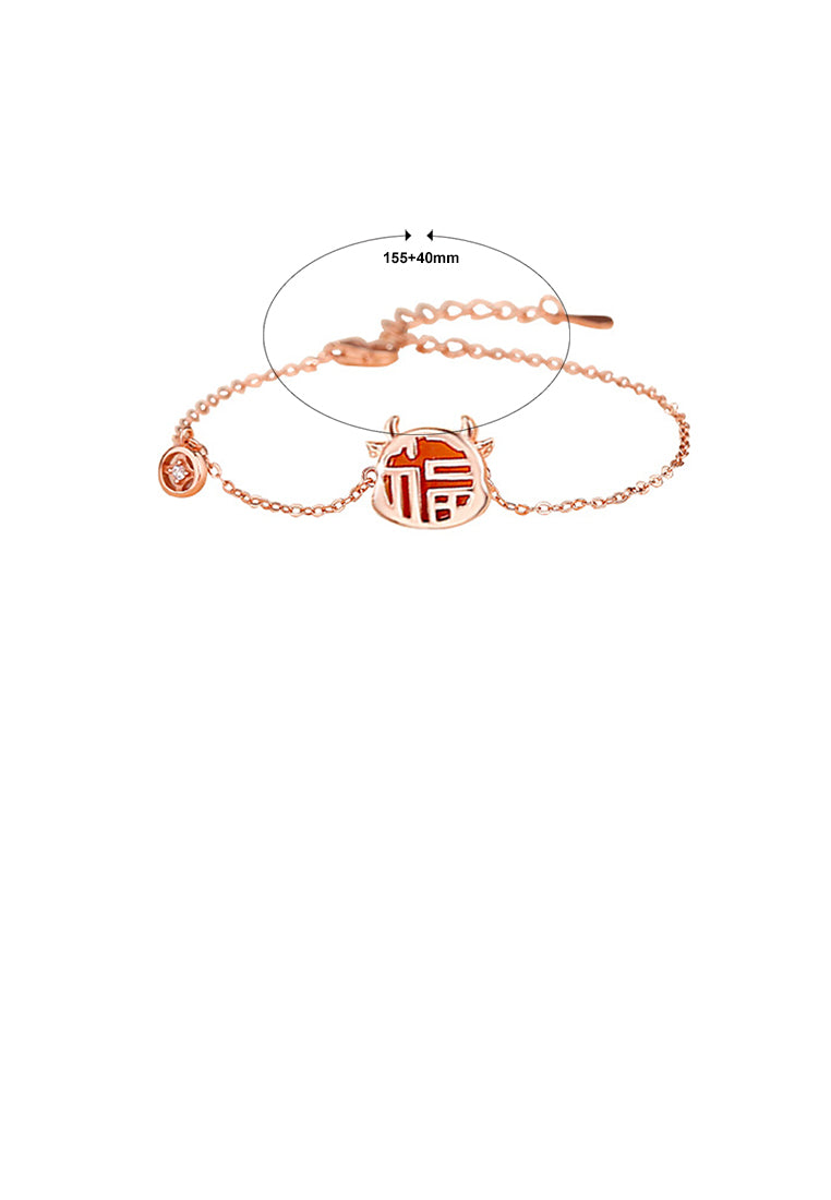 925 Sterling Silver Plated Rose Gold Fashion Vintage Zodiac Ox Imitation Agate Copper Coin Bracelet with Cubic Zirconia - Luxurious Look