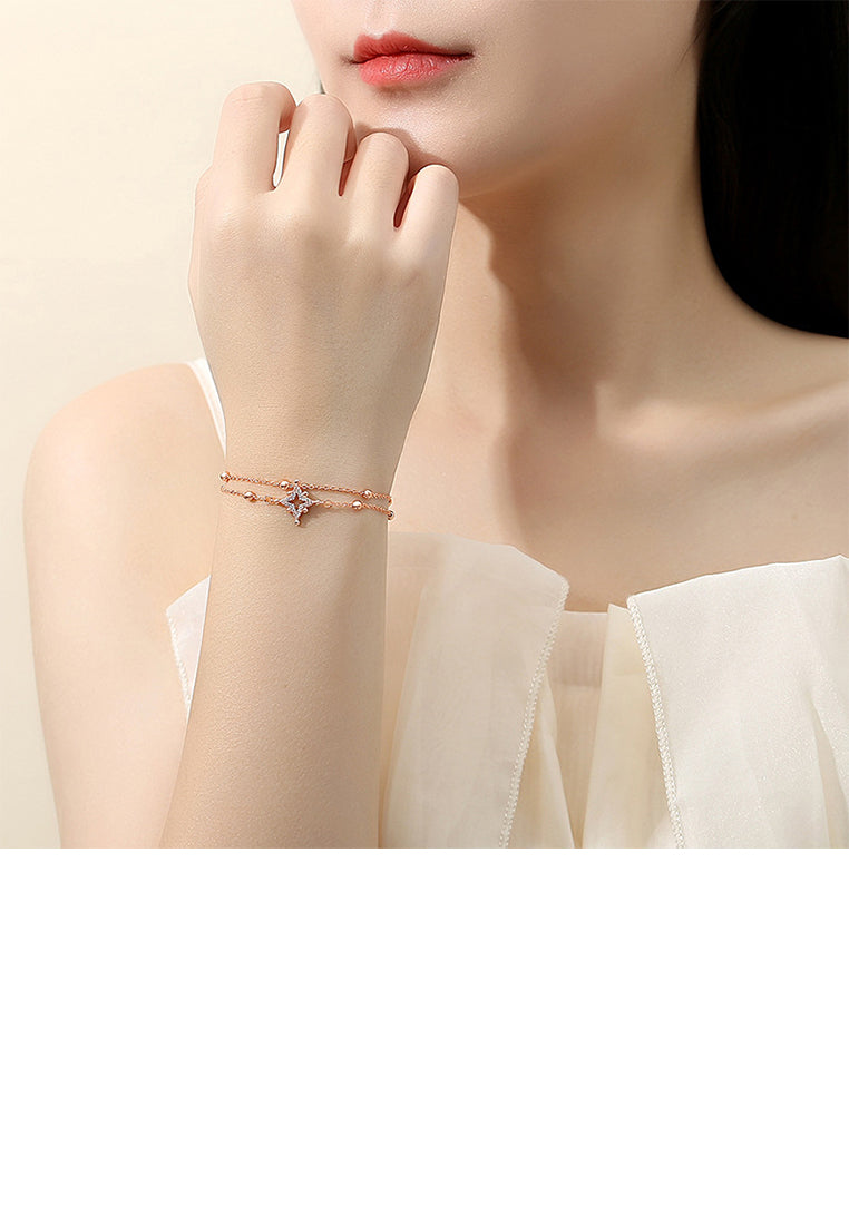 925 Sterling Silver Plated Rose Gold Fashion Simple Hollow Star Double Layer Bracelet