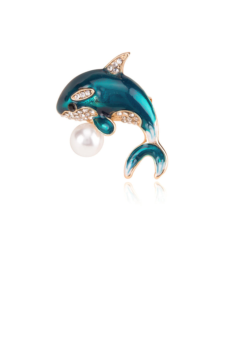 Fashion Cute Blue Dolphin Imitation Pearl Brooch with Cubic Zirconia - Luxurious Look