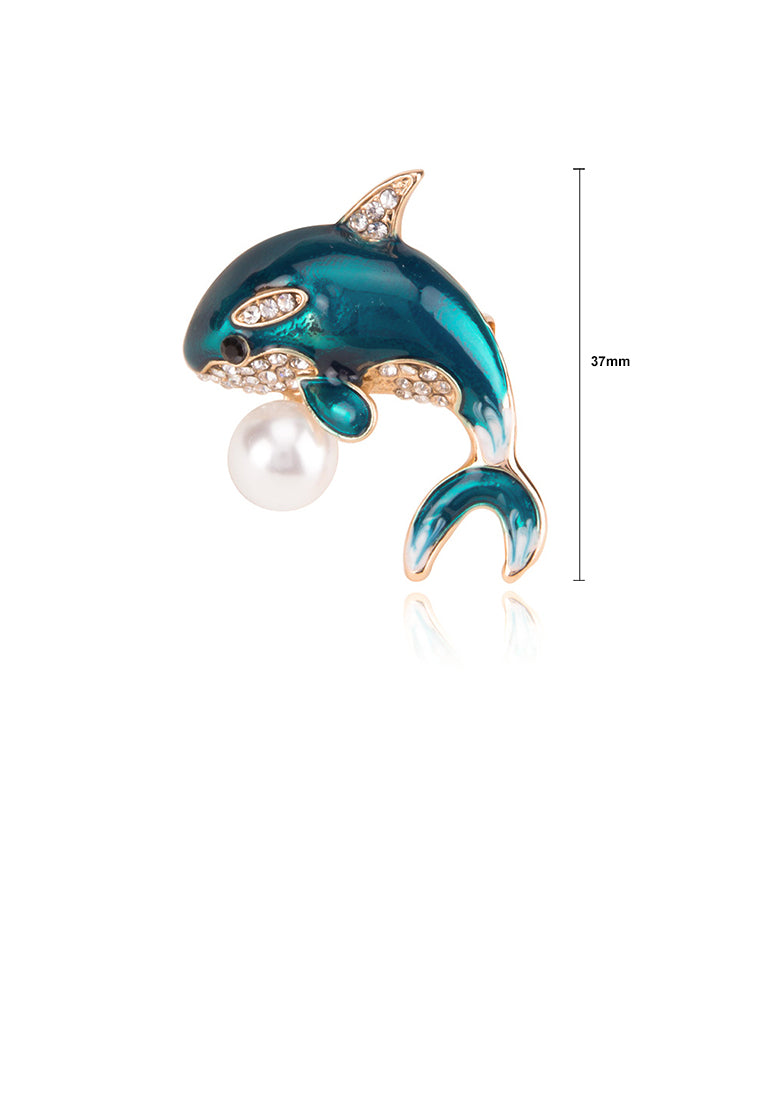 Fashion Cute Blue Dolphin Imitation Pearl Brooch with Cubic Zirconia - Luxurious Look