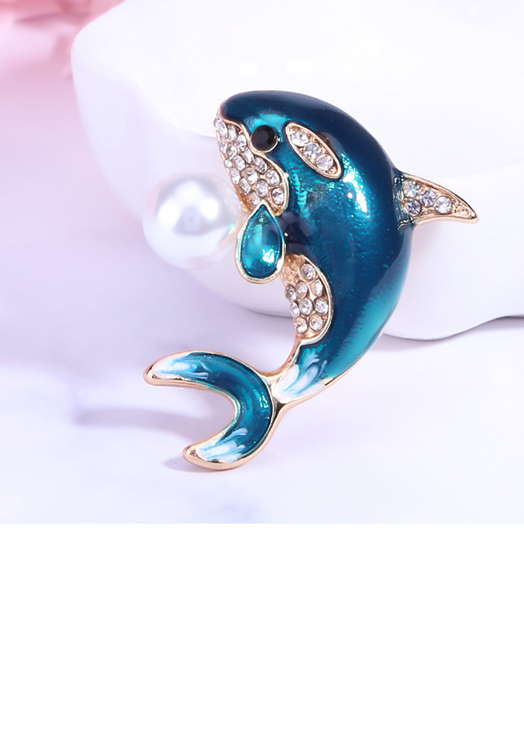 Fashion Cute Blue Dolphin Imitation Pearl Brooch with Cubic Zirconia - Luxurious Look
