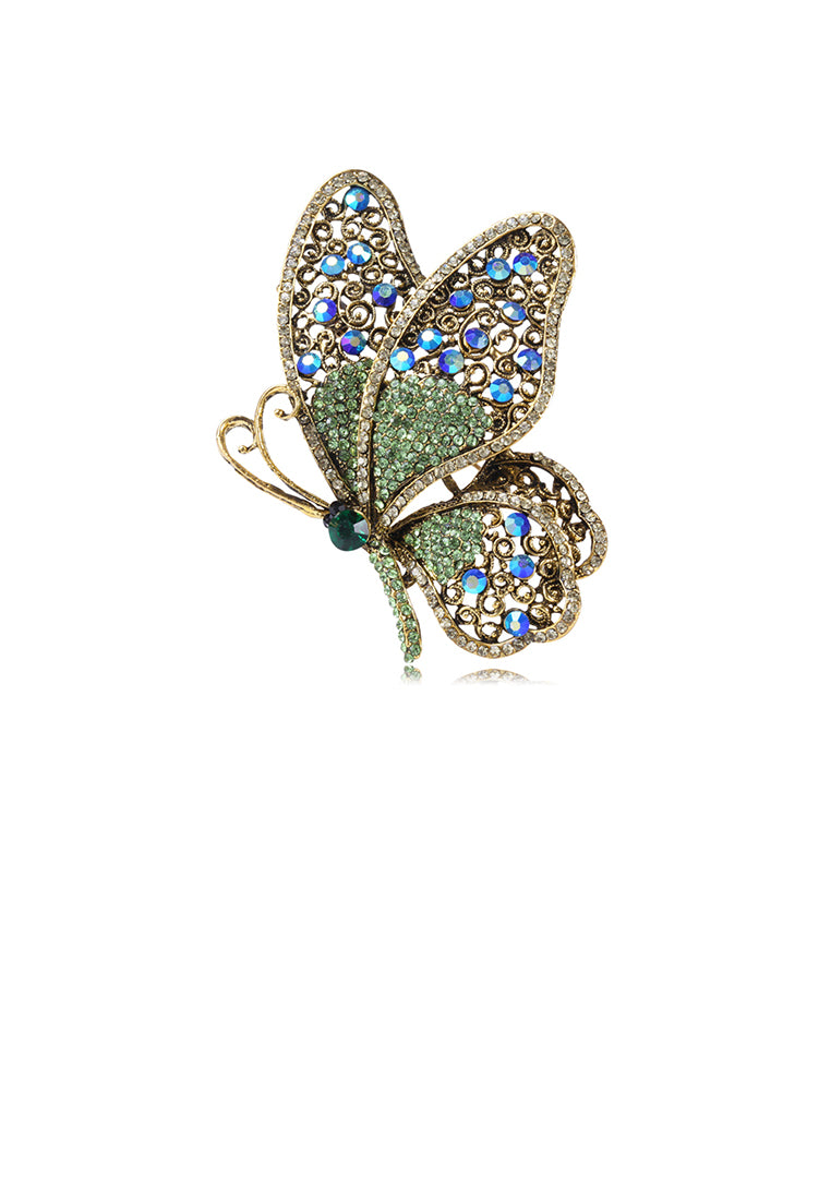Elegant Vintage Plated Gold Butterfly Brooch with Green Cubic Zirconia - Luxurious Look