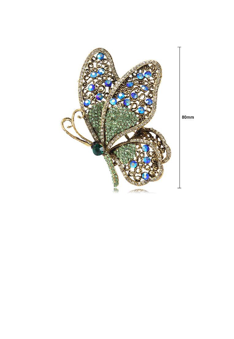 Elegant Vintage Plated Gold Butterfly Brooch with Green Cubic Zirconia - Luxurious Look