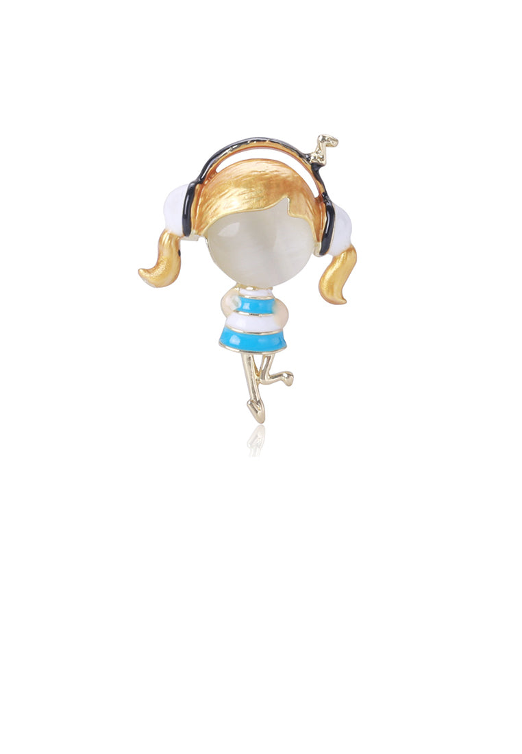 Simple and Cute Plated Gold Enamel Blue Skirt Music Girl Brooch with Imitation Opal