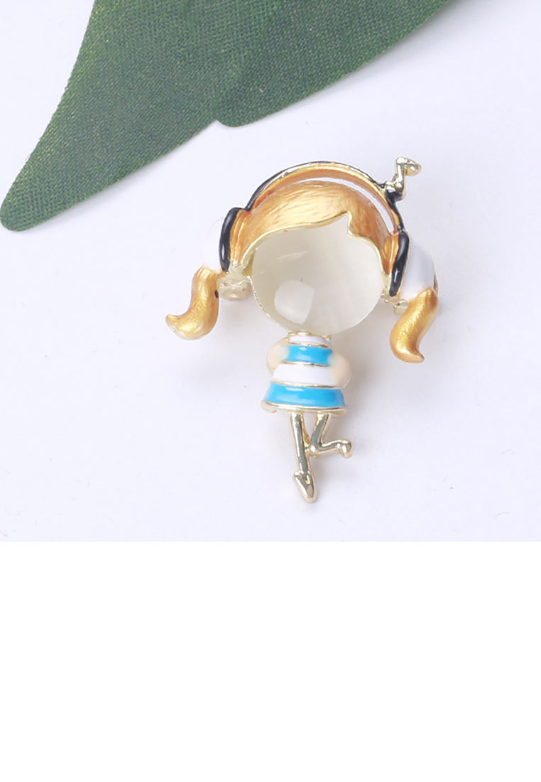 Simple and Cute Plated Gold Enamel Blue Skirt Music Girl Brooch with Imitation Opal