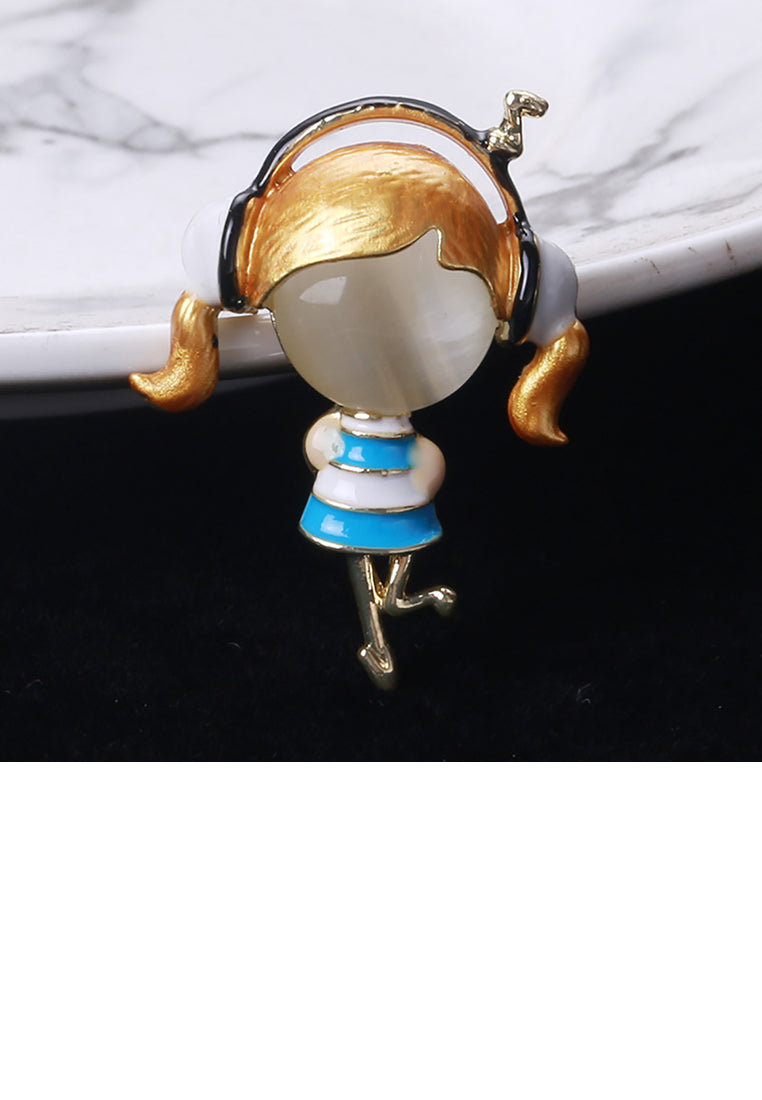 Simple and Cute Plated Gold Enamel Blue Skirt Music Girl Brooch with Imitation Opal