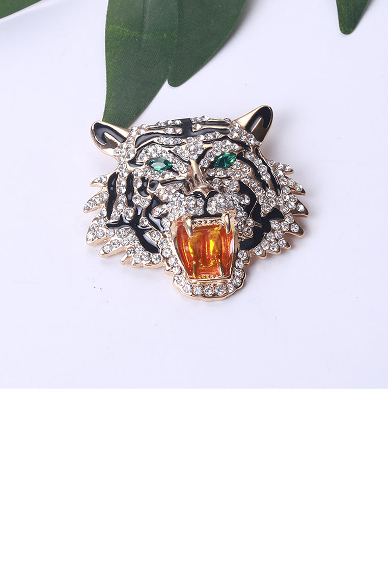 Fashion Domineering Plated Gold Tiger Brooch with Cubic Zirconia - Luxurious Look