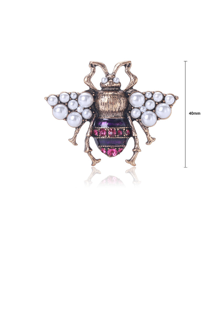 Fashion Court Style Plated Gold Bee Imitation Pearl Brooch with Purple Cubic Zirconia - Luxurious Look