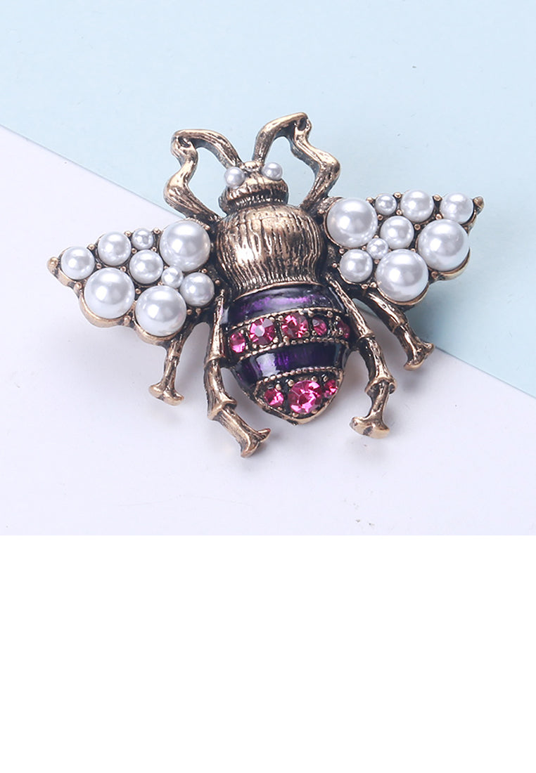 Fashion Court Style Plated Gold Bee Imitation Pearl Brooch with Purple Cubic Zirconia - Luxurious Look