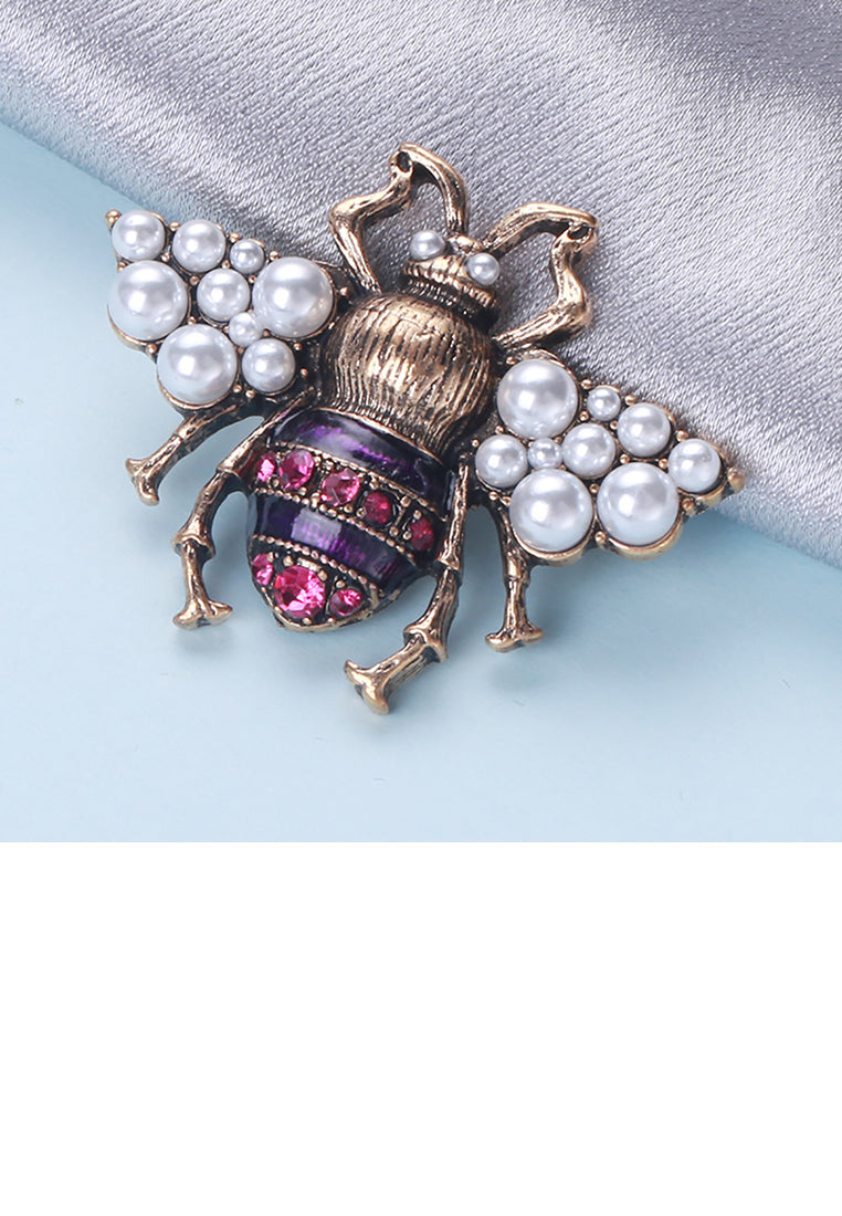 Fashion Court Style Plated Gold Bee Imitation Pearl Brooch with Purple Cubic Zirconia - Luxurious Look