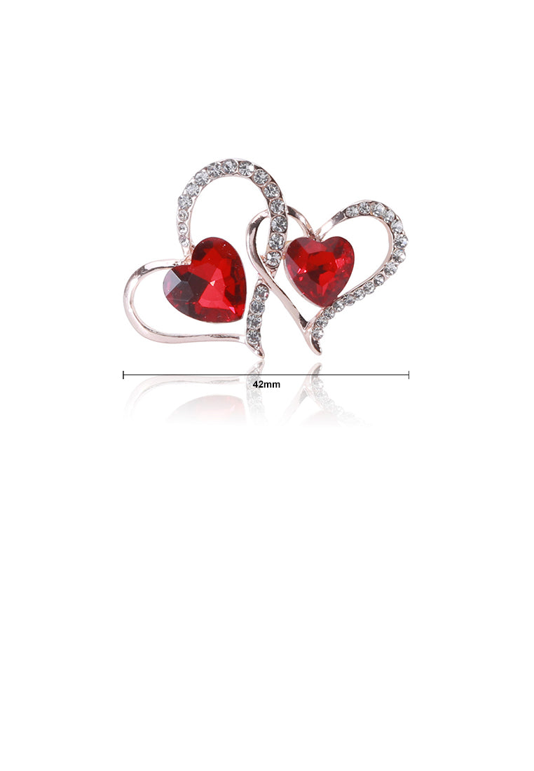Simple and Sweet Plated Gold Double Heart Brooch with Red Cubic Zirconia - Luxurious Look - Vibrant Color