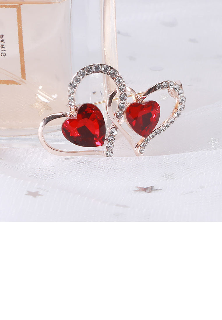 Simple and Sweet Plated Gold Double Heart Brooch with Red Cubic Zirconia - Luxurious Look - Vibrant Color