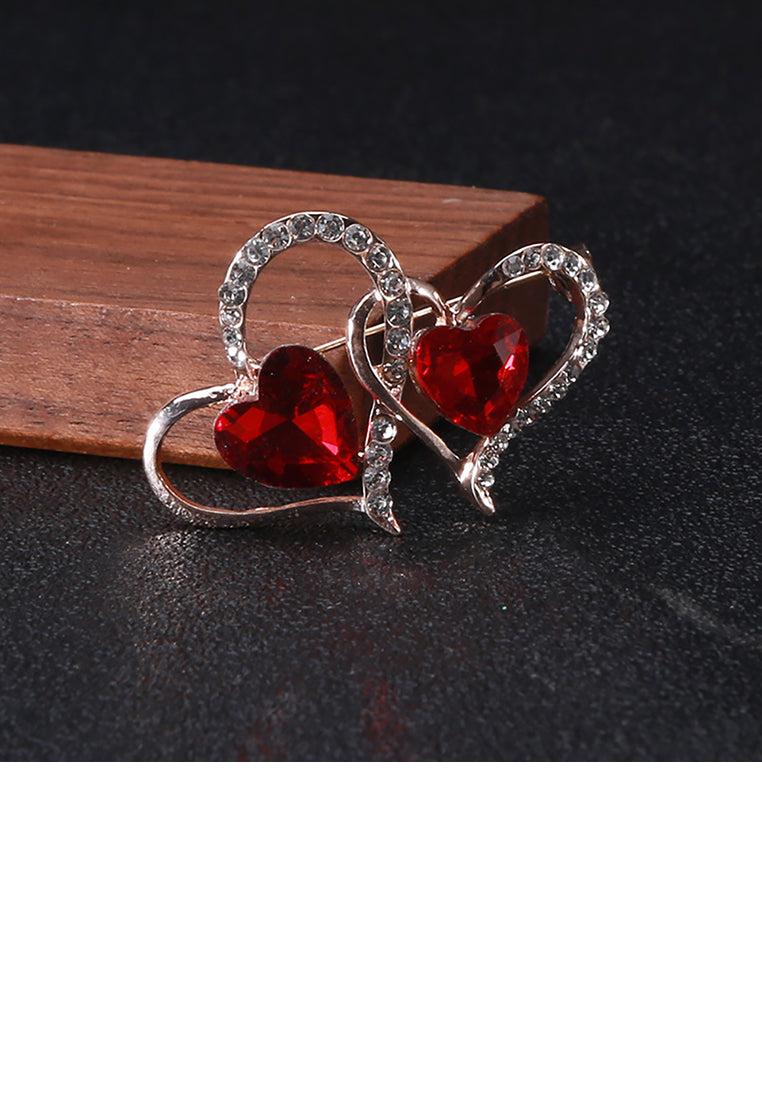 Simple and Sweet Plated Gold Double Heart Brooch with Red Cubic Zirconia - Luxurious Look - Vibrant Color