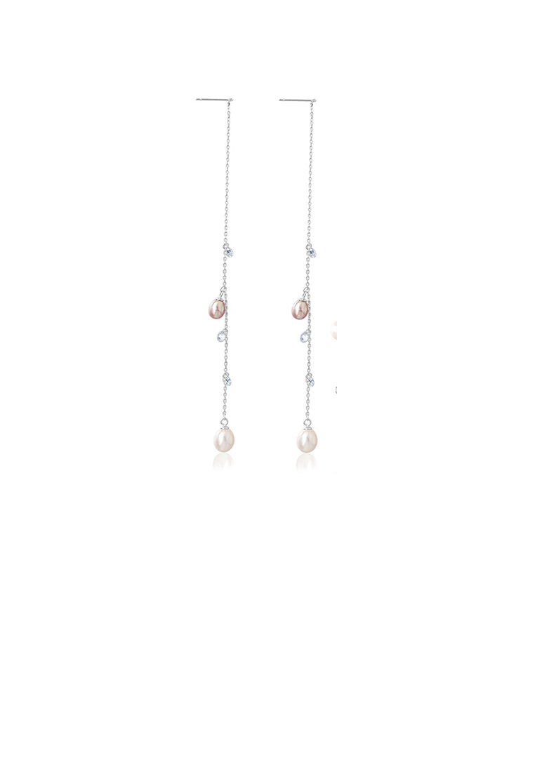 925 Sterling Silver Simple Temperament Geometric Tassel Freshwater Pearl Earrings with Cubic Zirconia - Luxurious Look