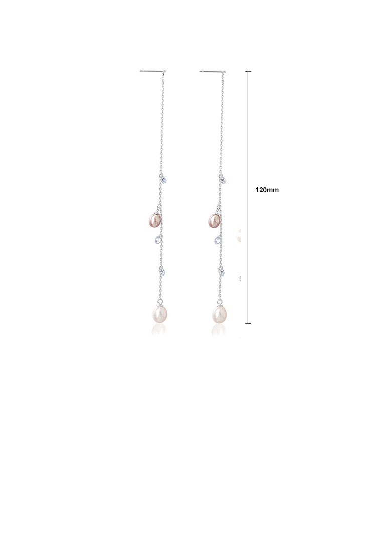 925 Sterling Silver Simple Temperament Geometric Tassel Freshwater Pearl Earrings with Cubic Zirconia - Luxurious Look