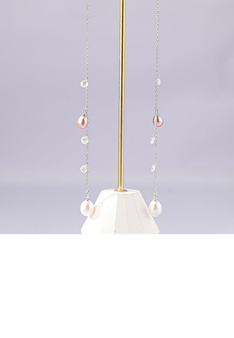 925 Sterling Silver Simple Temperament Geometric Tassel Freshwater Pearl Earrings with Cubic Zirconia - Luxurious Look